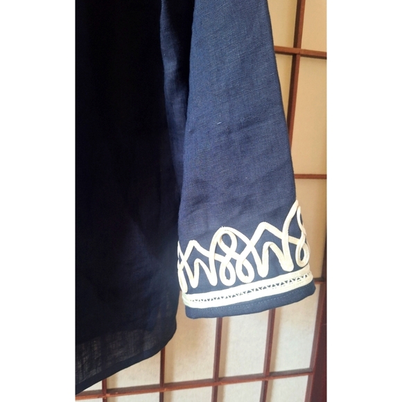 Talbots Navy Blue Linen Tunic with White Cord Trim Embroidery - Picture 9 of 14